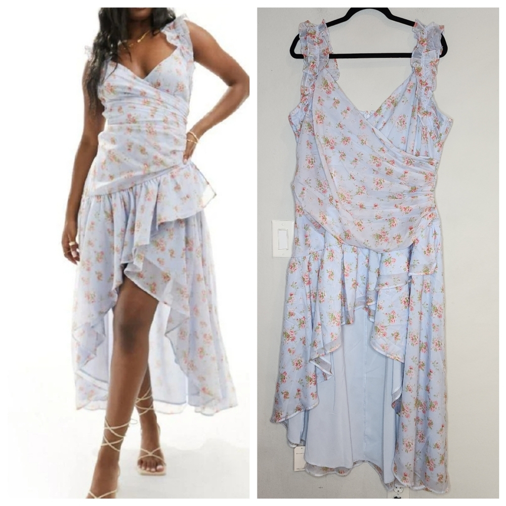 Sz XXL Tall NWT Abercrombie Ruffle Strap Asymmetric Maxi Dress Blue Pink Floral